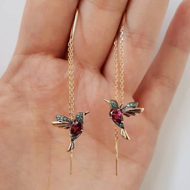 Pendientes con forma de colibrí de esmalte y zirconia